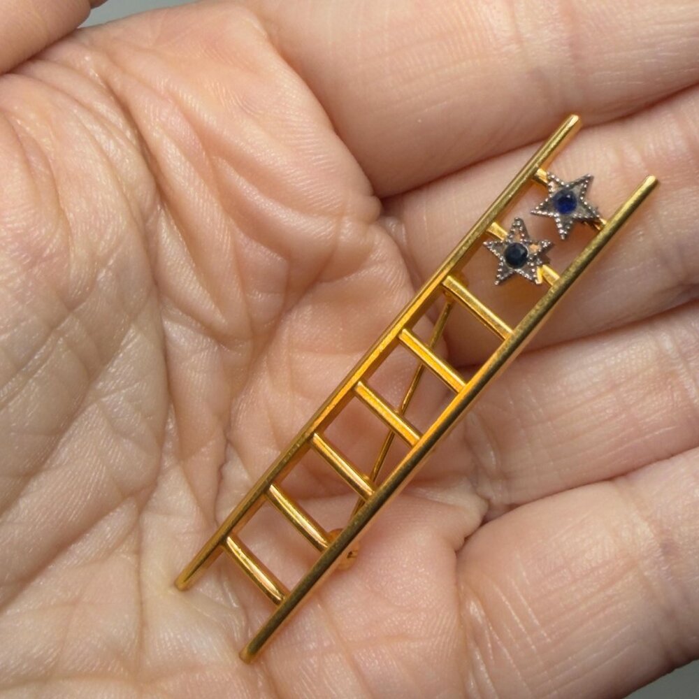 Mary Kay Ladder Brooch Topaz and Ruby Stones Gold Tone Star Consultant Pin 2"